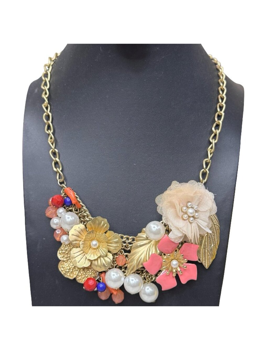 Vintage Robert Rose Gold-Tone Floral Statement Necklace Faux Pearls Beads Signed